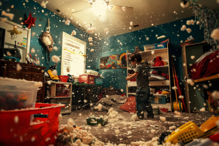 Disorderly playroom scene within a movie production environmentの写真素材