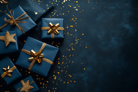 Elegant blue gift boxes with gold ribbons and star confetti on dark background for celebratory decor