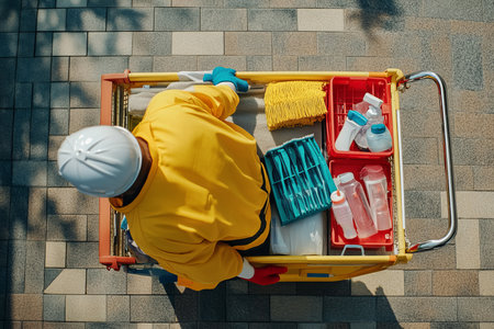 Panoramic view of a uniformed cleaner with cart full of cleaning supplies from aboveの写真素材