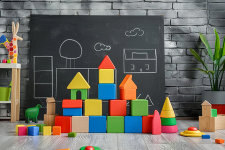 Colorful educational blocks playroom for kids with games floor and chalkboard backdropの写真素材