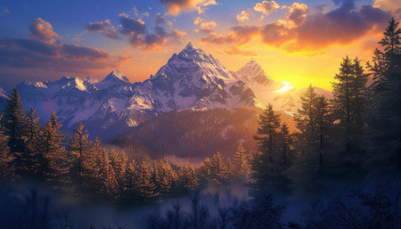 Majestic mountains under a breathtaking sunset on a sunny day, creating a stunning natural landscape