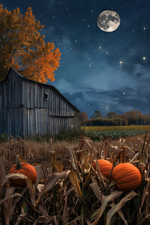 Harvest moonlit night over fields with pumpkins, corn, wheat, stars, barn - autumn nostalgiaの写真素材