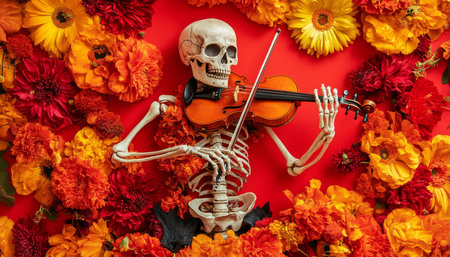 Skeleton musician playing violin amidst colorful flowers on a vivid red backdropの写真素材
