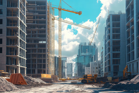 Vibrant 3d illustration of a large construction site featuring tall buildings and cranesの写真素材