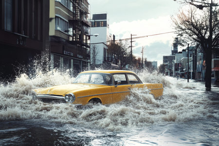 Illustration depicting urban flood disaster inspired by California flooding events