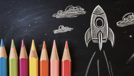 Back to school concept blackboard rocket drawing with pencil sky background for educationの写真素材