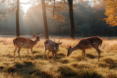 Three graceful deer peacefully grazing in a sunlit forest meadow during a bright autumn morning.の写真素材