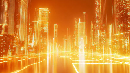 Futuristic cityscape on abstract orange background with glowing skyscrapers and white floorの写真素材