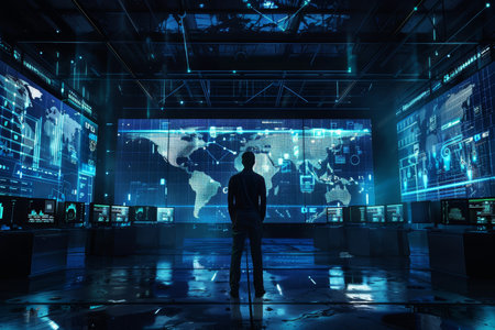 Futuristic cyberpunk man in tech room with global network screens and data displays