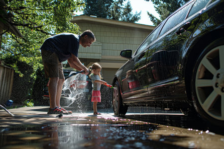 Father and daughter washing car on sunny day in portland, usa family bonding activity in drivewayの写真素材