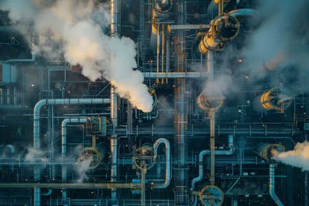 Chemical plant aerial view industrial pollution from power plant pipes with ai generation