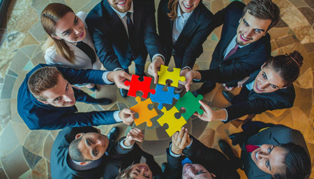 High angle view of business team holding colorful puzzle pieces for teamwork concept