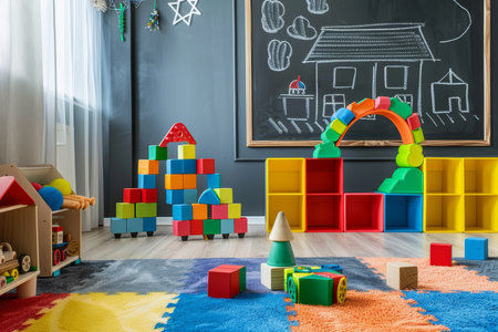 Colorful educational blocks playroom for kids with chalkboard mock up backgroundの写真素材