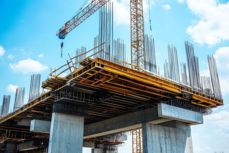Under construction highway bridge with steel frame and crane against clear blue skyの写真素材