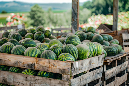 Fresh watermelons in wooden crates at a picturesque countryside farm stand warehouseの写真素材