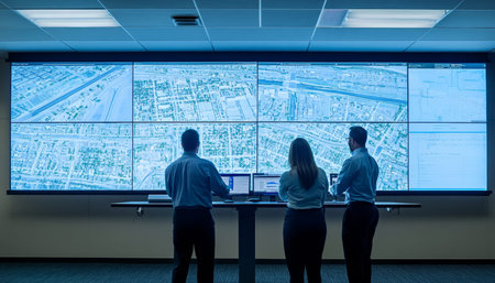Managers analyzing transportation management systems software on large screens for insights