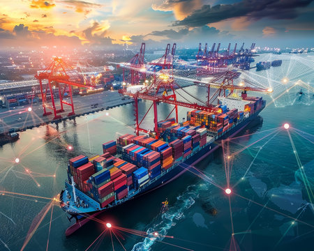 Global trade network mapping essential shipping routes and logistics for efficient supply chainsの写真素材