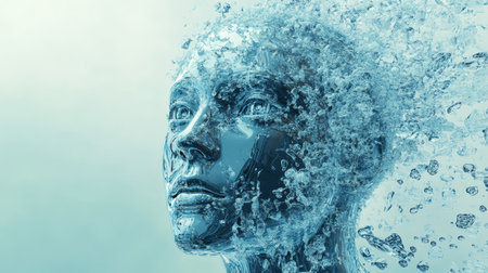 3d glass robot head with floating water droplets and digital data in a serene blue atmosphereの写真素材
