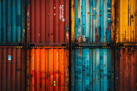Cargo containers stacked at port depot for import and export logistics operationsの写真素材