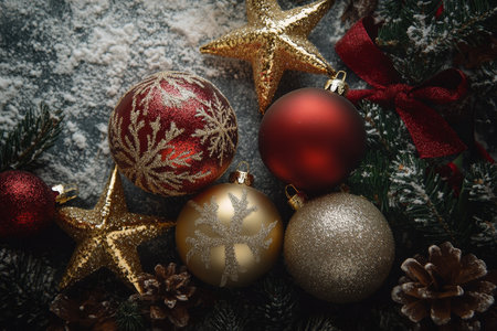 Flat lay photography of christmas ornaments featuring a festive holiday arrangementの写真素材