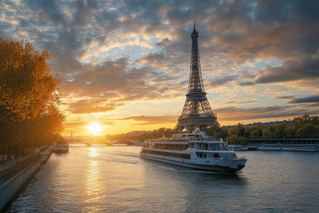 Eiffel tower illuminated by sunset rays over seine river with tour boats in paris, europeの写真素材