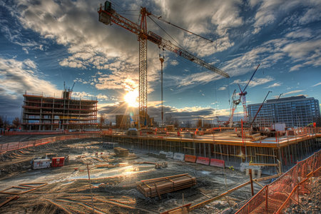 Dynamic construction site with cranes captured in high quality image showcasing a high dynamic rangeの写真素材