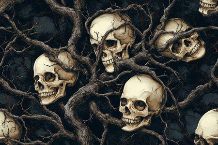 Seamless digital illustration of skulls intertwined with tree branches in a unique patternの写真素材