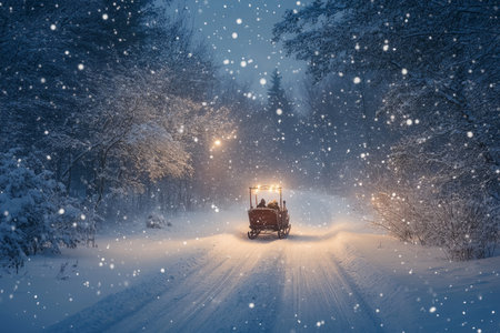 A tranquil winter evening sleigh ride through snow covered trees and delicate falling snowflakes.の写真素材