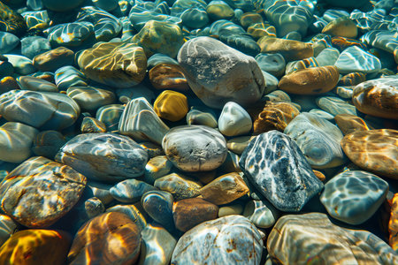 Underwater smooth rocks and light reflections river stones texture background with sunny riverbedの写真素材