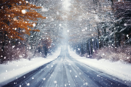 Panoramic winter landscape snow covered highway through a scenic forest under falling snow