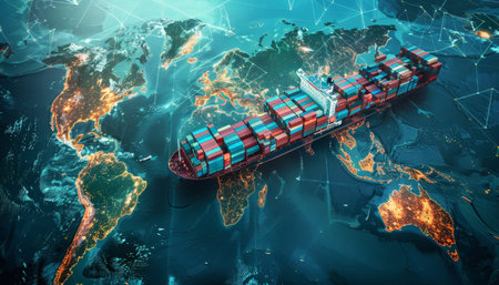 Global trade routes and shipping paths for supply chain logistics in high quality imageの写真素材