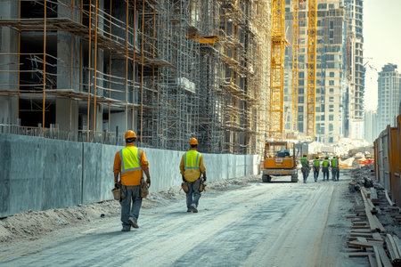 Laborers at a modern construction site in dubai showcasing rapid urban development effortsの写真素材