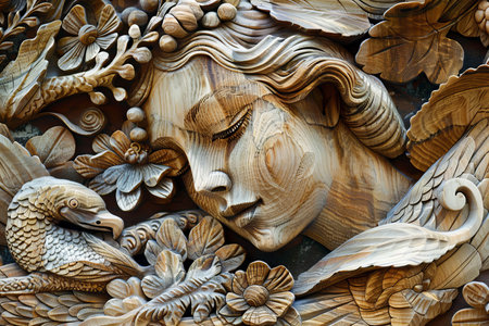 Traditional handcrafted wood carving a popular art form created by skilled artisansの写真素材