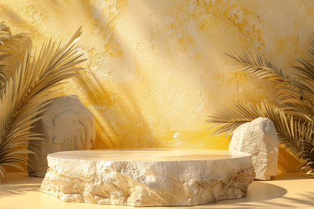 Chic summer fashion podium display on yellow stone background for collectionsの写真素材