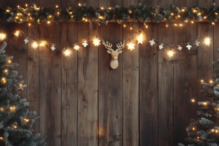 Rustic christmas background featuring wooden texture, garland lights, and festive decorationsの写真素材