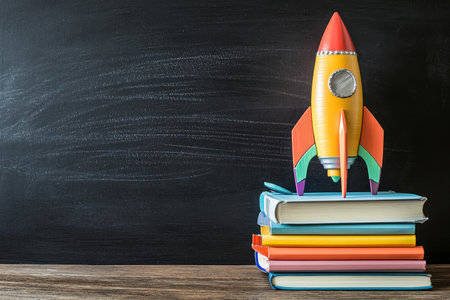 Creative back to school scene featuring chalkboard, pencil rocket, and books on a wooden deskの写真素材