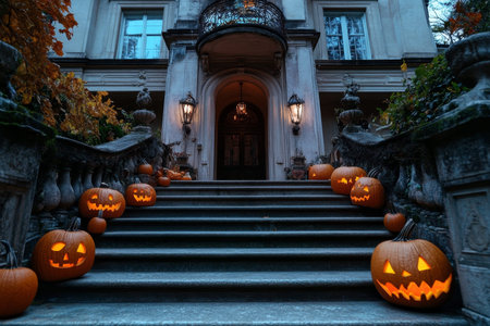 Enchanting halloween scene pumpkins adorn the steps of a grand mansion, capturing festive spirit