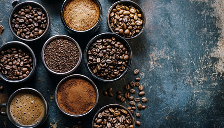 Aerial perspective of diverse coffee varieties set against a rich coffee themed backgroundの写真素材