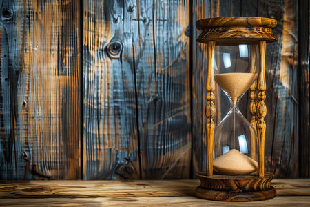 Hourglass time clock on wooden banner background, symbolizing the concept of time slipping away