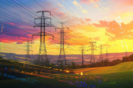 Stunning electric grid at sunset high voltage towers and power lines over lush green fields