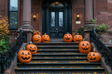 Charming halloween scene pumpkins adorn the steps of a grand mansion, evoking festive spiritの写真素材