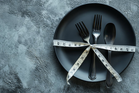 Dieting visual plate and cutlery bound with measuring tape against a gray backdropの写真素材
