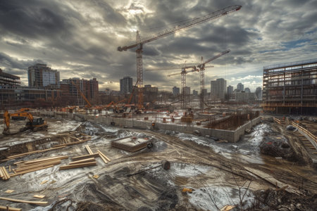 Dynamic construction site showcasing cranes in high quality imagery for detailed viewingの写真素材