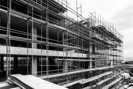 Construction site engineering capturing the industrial development of a building under construction