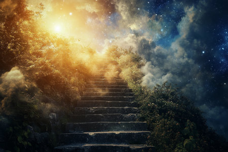 Majestic stairway rising towards a bright heavenly sky, guiding you into radiant lightの写真素材