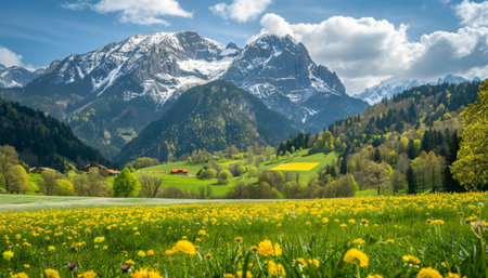 Sunny alpine spring high quality image of blooming meadows in idyllic mountain landscapeの写真素材