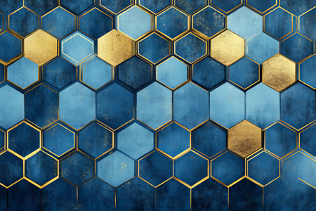 Elegant abstract geometric art deco pattern with blue and gold hexagons for modern interiorsの写真素材