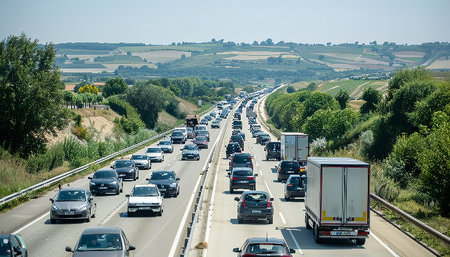 Busy traffic on a10 highway to bordeaux on a hot summer day in France with various vehicles