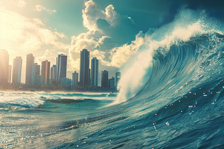 Impending tsunami wave threatens urban skyline depicting the force of nature s destructive powerの写真素材