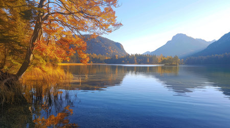 Stunning autumn sunset at hintersee lake on a sunny day, capturing the beauty of natureの写真素材